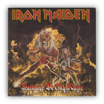 "Iron Maiden 'Hallowed Be Thy Name' album cover featuring a fierce demon and a scared figure in a fiery background."