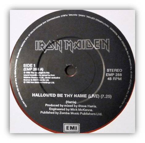 "Iron Maiden vinyl record label for 'Hallowed Be Thy Name (Live)' with track details."