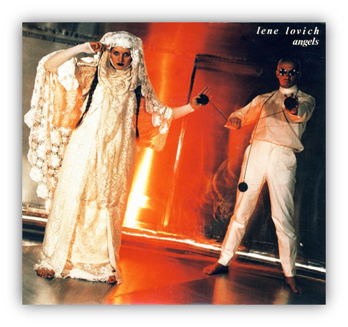 Lene Lovich album cover "Angels" featuring two performers in striking costumes against a vibrant background.