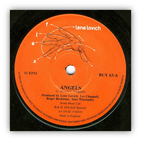 "Label of Lene Lovich's 'Angels' vinyl record, featuring orange design and production credits."