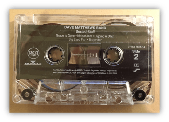 "Dave Matthews Band Busted Stuff cassette tape, Side 2 track list including 'Grace Is Gone' and 'Bartender.'"