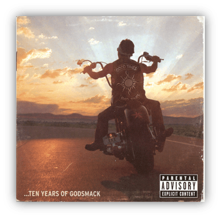 Album cover for "Ten Years of Godsmack" featuring a biker on a motorcycle against a sunset backdrop.