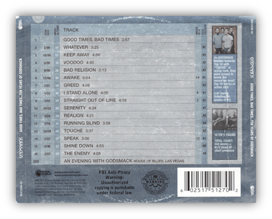 Back cover of Godsmack's "Good Times, Bad Times" album featuring track list and DVD details.