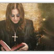 "Person in sunglasses reading a book with a cross necklace, set against a textured background."