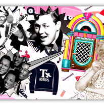 "Collage of iconic musicians, vintage jukebox, and retro elements celebrating music history."
