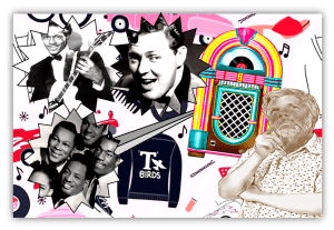 "Collage of iconic musicians, vintage jukebox, and retro elements celebrating music history."