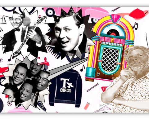 "Collage of iconic musicians, vintage jukebox, and retro elements celebrating music history."