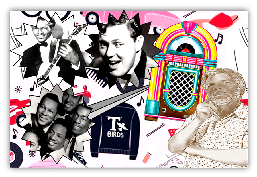"Collage of iconic musicians, vintage jukebox, and retro elements celebrating music history."