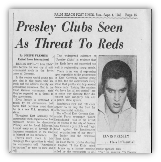"1960 newspaper article discussing Elvis Presley clubs as a perceived threat to communist influence in East Germany."