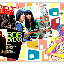 "Collage of iconic 1960s album covers featuring The Beach Boys, Bob Dylan, and Sonny & Cher, set against a retro background."