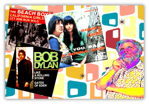 "Collage of iconic 1960s album covers featuring The Beach Boys, Bob Dylan, and Sonny & Cher, set against a retro background."