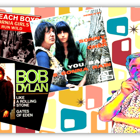 "Collage of iconic 1960s album covers featuring The Beach Boys, Bob Dylan, and Sonny & Cher, set against a retro background."