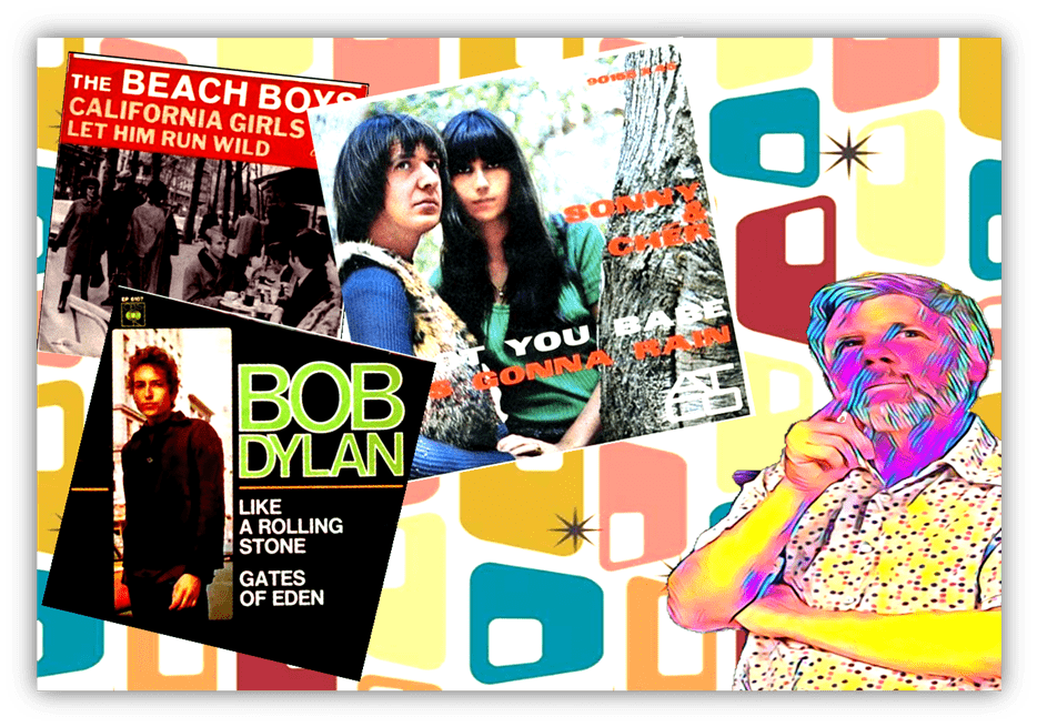 "Collage of iconic 1960s album covers featuring The Beach Boys, Bob Dylan, and Sonny & Cher, set against a retro background."