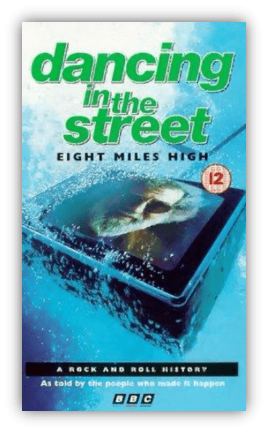 "Book cover of 'Dancing in the Street: Eight Miles High' showcasing a rock and roll history theme."