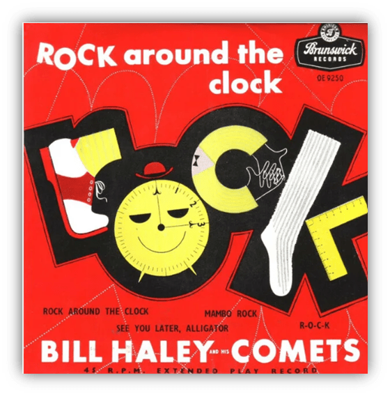 "Bill Haley and His Comets 'Rock Around the Clock' vinyl record cover featuring bold colors and playful graphics."
