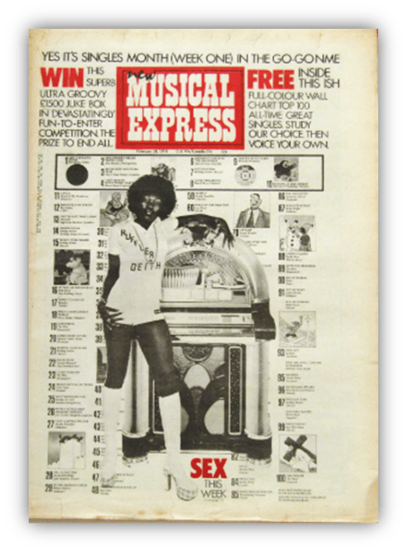 "1970s Musical Express magazine cover featuring a disco theme and a jukebox, promoting singles month."