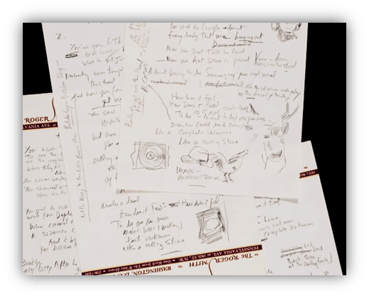 Handwritten notes with sketches on paper from The Roger Smith Hotel, featuring various thoughts and ideas.