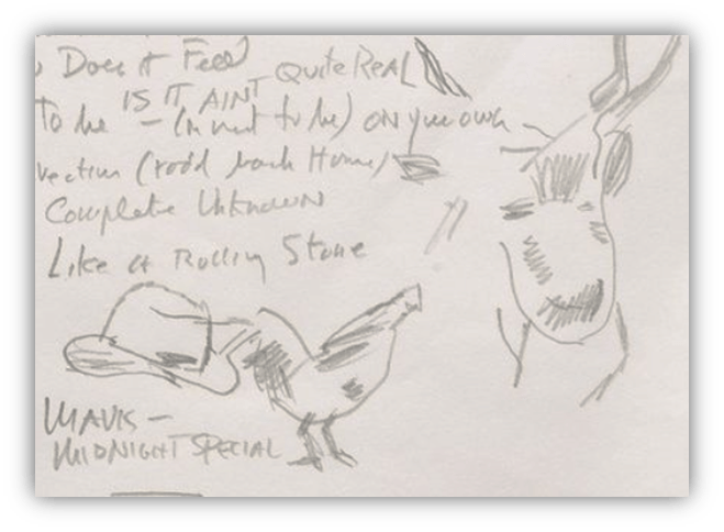 Sketch of a bird and a hat with handwritten notes referencing music and lyrics.