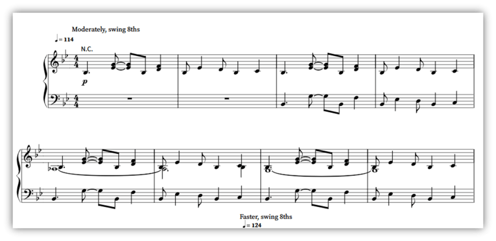 Musical score featuring swing eighth notes, marked "Moderately" and "Faster."