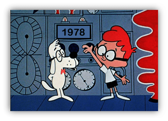 “Animated scene featuring Mr. Peabody and Sherman, with the year 1978 displayed in a retro setting.”