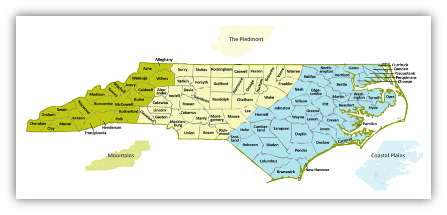 Map of North Carolina highlighting regions: Mountains, Piedmont, and Coastal Plains.