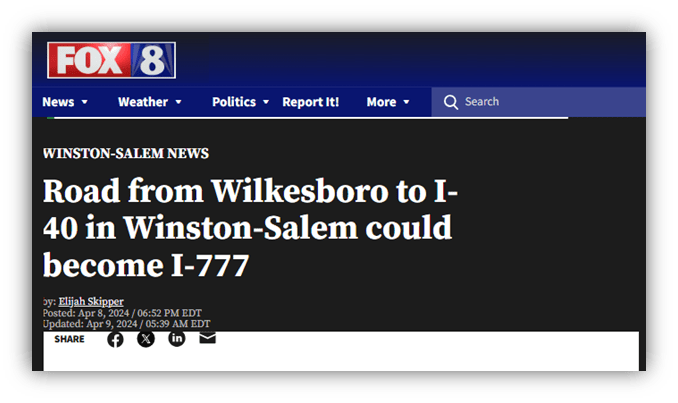 "Fox 8 news headline about road designation changes in Winston-Salem."