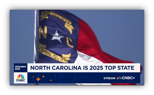 "North Carolina flag with text announcing it as 2025's top state."