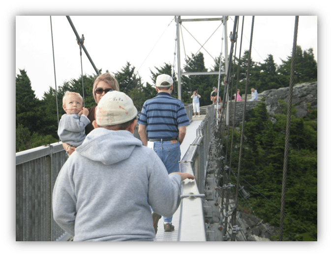 "Visitors crossing a suspension bridge with scenic views and greenery."