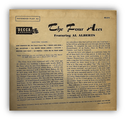 "Vintage Four Aces EP featuring Al Alberts, Decca Records, with song list and band history."