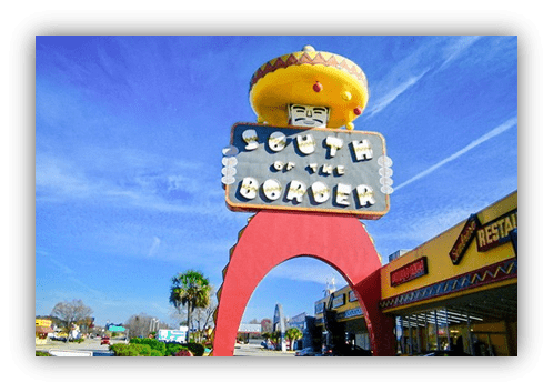 "Colorful South of the Border sign at the border of South Carolina and North Carolina."