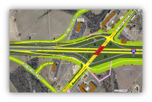 "Highway interchange map with labeled routes and surrounding buildings."