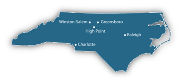 Map of North Carolina highlighting major cities: Winston-Salem, Greensboro, High Point, Raleigh, and Charlotte.