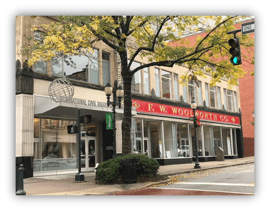 "Exterior view of the International Civil Rights Museum and F.W. Woolworth Co. building in Greensboro, NC."