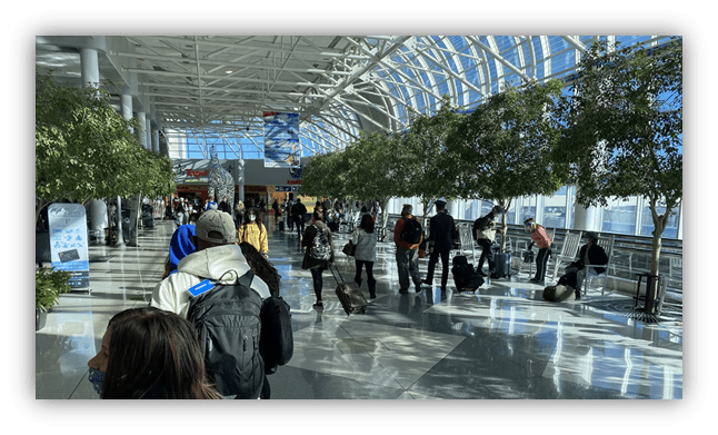 Busy airport terminal with travelers and luggage, bright natural light filtering through glass architecture.