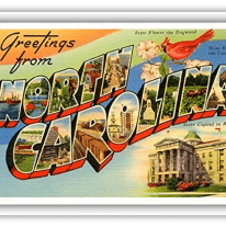 "Vintage postcard greeting from North Carolina featuring state symbols and landmarks."