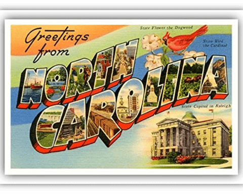 "Vintage postcard greeting from North Carolina featuring state symbols and landmarks."