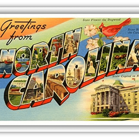 "Vintage postcard greeting from North Carolina featuring state symbols and landmarks."