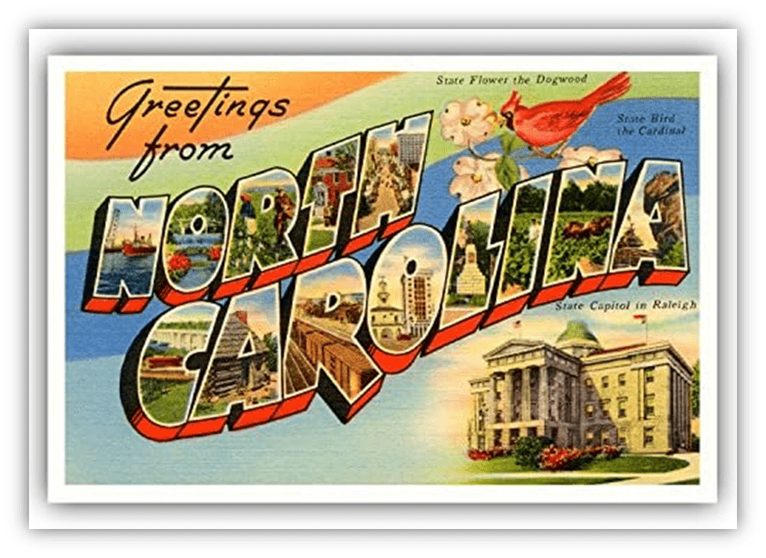 "Vintage postcard greeting from North Carolina featuring state symbols and landmarks."