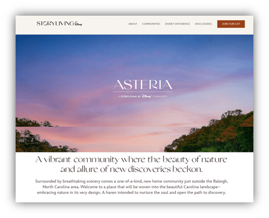 "Beautiful sunset over Asteria, a unique Disney community in North Carolina."