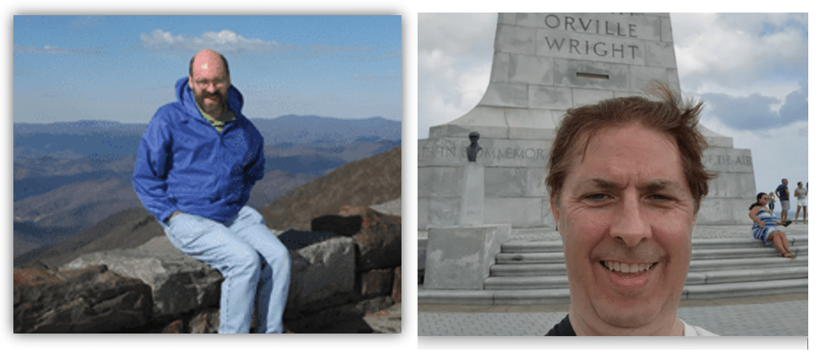 "Two men enjoying scenic views: one on a mountain and the other at the Orville Wright monument."