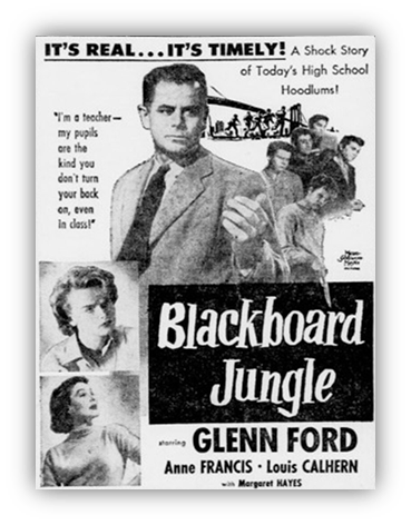 Alt text: "Vintage movie poster for 'Blackboard Jungle' featuring Glenn Ford, Anne Francis, and Louis Calhern, highlighting themes of education and youth rebellion."