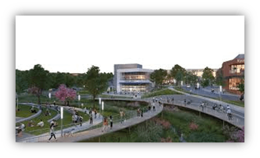 "Modern campus with walking paths, greenery, and people enjoying the outdoor space."