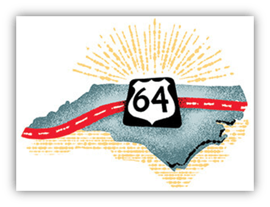 Illustration of North Carolina map with Highway 64 highlighted.