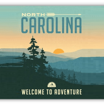 "Vintage North Carolina travel poster featuring mountains and sunset with 'Welcome to Adventure' text."
