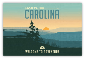 "Vintage North Carolina travel poster featuring mountains and sunset with 'Welcome to Adventure' text."