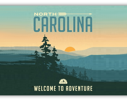 "Vintage North Carolina travel poster featuring mountains and sunset with 'Welcome to Adventure' text."