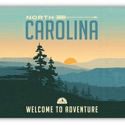 "Vintage North Carolina travel poster featuring mountains and sunset with 'Welcome to Adventure' text."