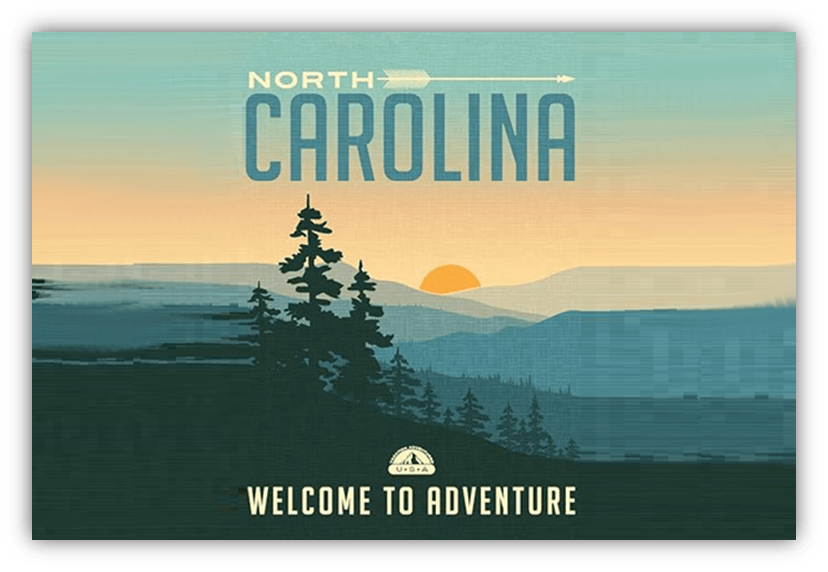 "Vintage North Carolina travel poster featuring mountains and sunset with 'Welcome to Adventure' text."