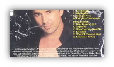 "Album cover featuring Don Johnson with song list from 'Let It Roll,' highlighting his music career."