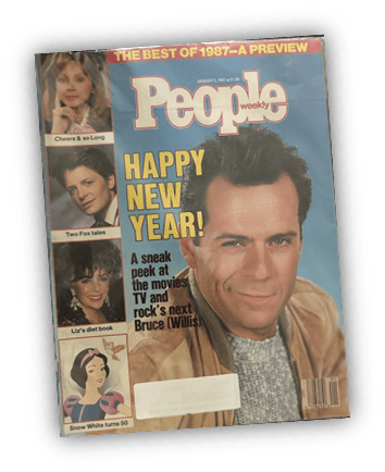"People Weekly magazine cover featuring Bruce Willis, January 1987, celebrating New Year."